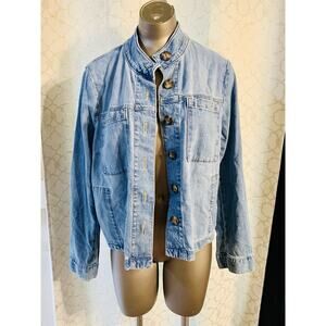 J. JILL DENIM UTILITY JACKET M BUTTON DOWN POCKETED MOCK COLLAR